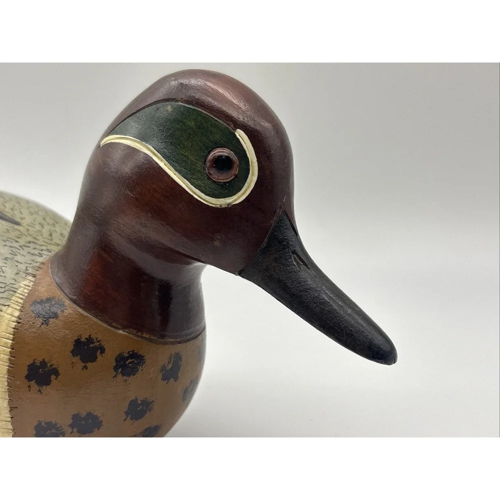 VTG Hand Painted Wooden Duck Decoy Green Wing 1984 Signed